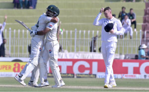 England batter Rehan Ahmed is being bowled by Pakistan bowler Sajid Khan during the 3rd day of the last cricket Test match between Pakistan and England Pindi Cricket Stadium