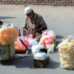 An elderly vendor sells snacks and crackers roadside to earn a livelihood in the city