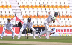 England bowler Brydon Carse appeals for wicket during the first day of the first Test between Pakistan and England at Multan Cricket Stadium.