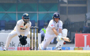 England's batter Joe Root plays a beautiful shot during the third day of the first Test cricket match between Pakistan and England at the Multan Cricket Stadium.