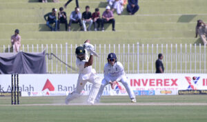 Pakistan batter Abdullah Shafique plays a shot during the 3rd day of the last cricket Test match between Pakistan and England Pindi Cricket Stadium