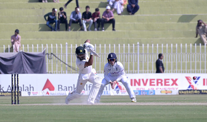 Pakistan batter Abdullah Shafique plays a shot during the 3rd day of the last cricket Test match between Pakistan and England Pindi Cricket Stadium