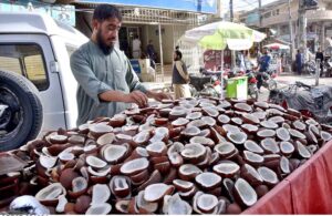 A vendor displaying coconuts at his push cart.