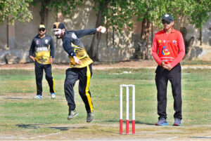 A view of cricket match played between Hyderabad and Faisalabad Blind Cricket teams during Khalid Hussain Bhatti Memorial T20 Blind Cricket Tournament at Degree College Ground.