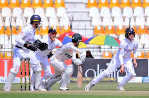 Pakistan batsman Saim Ayub is caught by Ollie Pope of England during 3rd day of the Second Test Match between Pakistan and England at Multan Cricket Stadium.