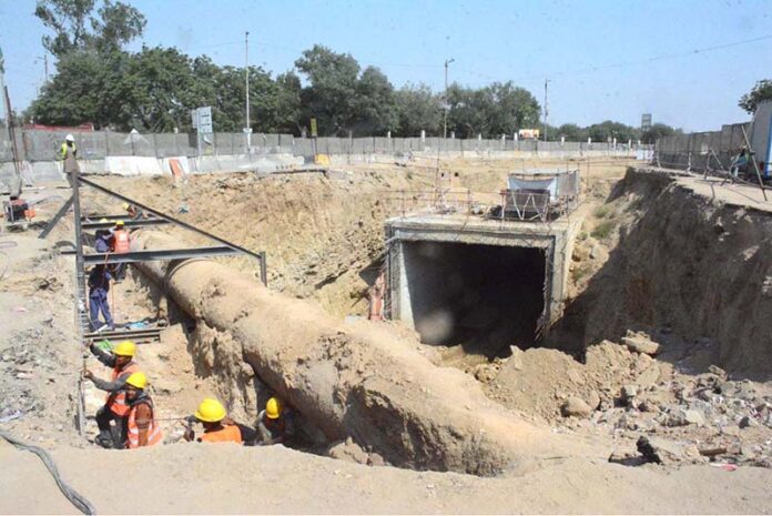 A view of ongoing construction work at the Numaish Chowrangi underpass in the provincial capital, aiming to improve city infrastructure