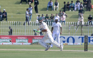 Pakistan batter Abdullah Shafique plays a shot during the 3rd day of the last cricket Test match between Pakistan and England Pindi Cricket Stadium