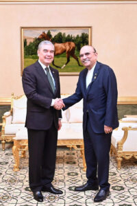 President Asif Ali Zardari meets with the National Leader of the Turkmen People and Chairman of the Halk Maslakhaty (Peoples Council) of Turkmenistan, Gurbanguly Berdimuhamedov.