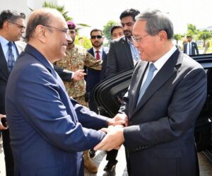 President Asif Ali Zardari welcoming the visiting Premier of the State Council of the People's Republic of China, Li Qiang at Aiwan-e-Sadr.