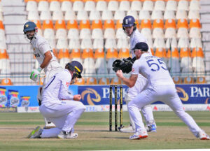 Pakistan batsman Saim Ayub is caught by Ollie Pope of England during 3rd day of the Second Test Match between Pakistan and England at Multan Cricket Stadium.