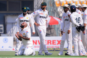 Pakistan bowler Sajid Khan celebrates after taking his 5th wicket of the innings of England batsman Brydon Carse during 3rd day of the Second Test Match between Pakistan and England at Multan Cricket Stadium.