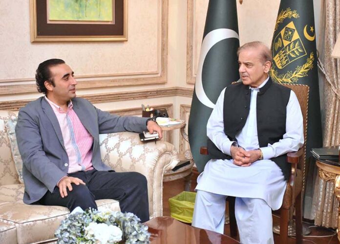 A delegation of Pakistan People's Party led by Chairman Bilawal Bhutto Zardari calls on Prime Minister Muhammad Shehbaz Sharif