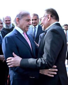 Prime Minister Muhammad Shehbaz Sharif bidding farewell to Prime Minister of Malaysia Dato' Seri Anwar Ibrahim at Nur Khan Air Base.