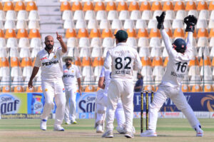 Pakistan batsman Saim Ayub is caught by Ollie Pope of England during 3rd day of the Second Test Match between Pakistan and England at Multan Cricket Stadium.