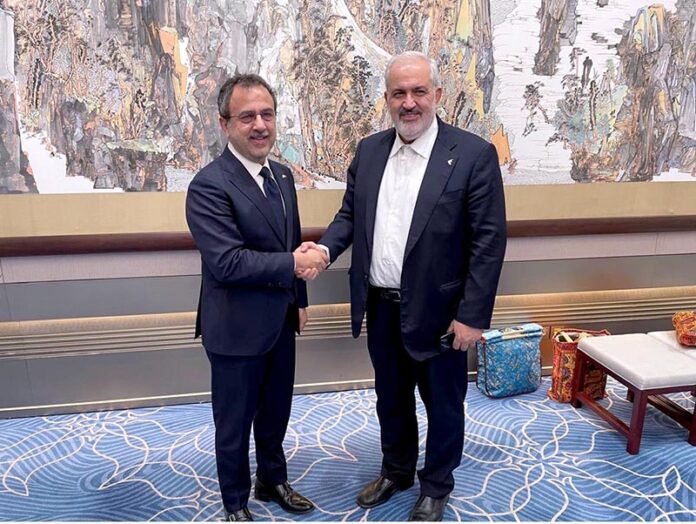 Federal Minister for Power Sardar Awais Ahmed Khan meets with Iranian Energy Minister Abbas Ali Abadi on the sidelines of the 3rd Belt & Road Ministerial Conference in Qingdao, China