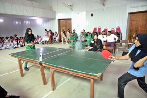 Players in action during Intercollegiate Table-Tennis Tournament organized by Sargodha Education Board at Government Graduate College for Girls Chandni Chowk