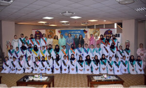 Students pose for group photograph after oath taking ceremony of Newly elected officials of students council at FG Home economics and management sciences college F11