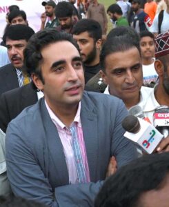 Chairman PPP Bilal Bhutto Zardari talking to the media at Polo Ground