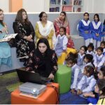 Famous TV artist Leyla Zuberi telling story in a ceremony held at Model college for girls F11/3 organized by National book foundation