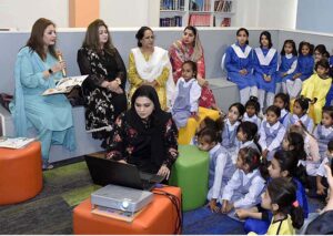 Famous TV artist Leyla Zuberi telling story in a ceremony held at Model college for girls F11/3 organized by National book foundation