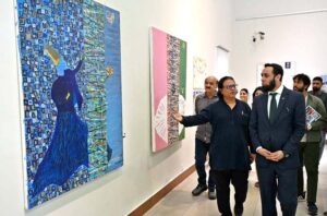 Federal Minister for Information, Broadcasting, National Heritage and Culture, Attaullah Tarar, addressing during the inaugurating ceremony of the delighted to host the "PASSAGES OF LIGHT" an Exhibition of Paintings by Mueen Saheed & Bilaal Raji Saheed (Sri Lankan Artists) at PNCA.