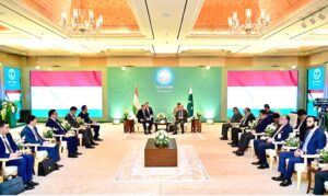 Prime Minister of Tajikistan, Qohir Rasulzada calls on Prime Minister Muhammad Shehbaz Sharif on the sidelines of SCO Council of Heads Meeting.