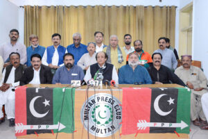 City President PPP, Malik Naseem Labar addressing a press conference at the press club