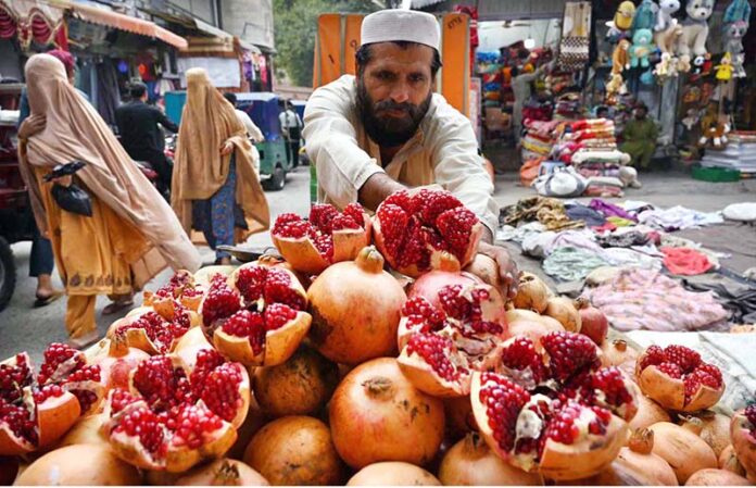 Vendor arranging and displaying pomegranate to attract the customers at Kohati Chowk
