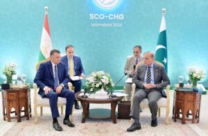 Prime Minister of Tajikistan, Qohir Rasulzada calls on Prime Minister Muhammad Shehbaz Sharif on the sidelines of SCO Council of Heads Meeting.