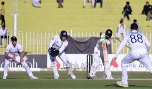 England player Ben Duckett in action during the second day and last cricket Test match between Pakistan and England at Pindi Cricket Stadium in twin cities