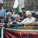 The former President and Prime Minister of Azad Jammu and Kashmir (AJK) Sardar Mohammed Yaqoob Khan addressing to the participants of All Parties Hurriyat Conference (APHC) protest rally held on the occasion of Kashmir Black Day
