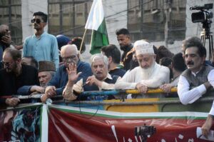 The former President and Prime Minister of Azad Jammu and Kashmir (AJK) Sardar Mohammed Yaqoob Khan addressing to the participants of All Parties Hurriyat Conference (APHC) protest rally held on the occasion of Kashmir Black Day