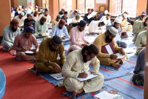 Madrassa students are busy giving annual exam at Jamia Ishatul Quran Wal Hadith Dodai Road in the City