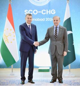 Prime Minister of Tajikistan, Qohir Rasulzada calls on Prime Minister Muhammad Shehbaz Sharif on the sidelines of SCO Council of Heads Meeting.