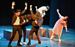 Artists performing features thrilling theater performance titled “The 39 Steps" directed and adapted by Mazhar Suleman Noorani during the World Culture Festival 2024 at Arts Council of Pakistan Karachi (ACP) on late Wednesday night.