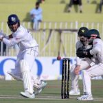 England's Jack Leach in action on the first day of the second and final Test match between Pakistan and England at Pindi Cricket Stadium
