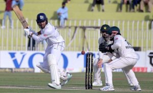 England's Jack Leach in action on the first day of the second and final Test match between Pakistan and England at Pindi Cricket Stadium