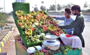 A worker earns his livelihood by selling fruit chaat and salad of various fruits and vegetables on the roadside at GT Road.
