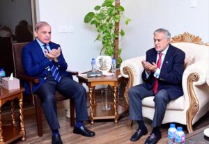 Prime Minister Muhammad Shehbaz Sharif offering condolences to Deputy Prime Minister and Foreign Minister Ishaq Dar on the demise of his elder brother.