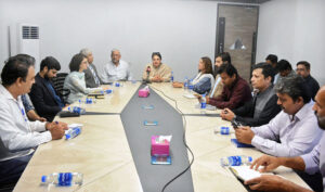 Chairperson Benazir Income Support Program Rubina Khalid chairing a meeting during visit of the head office of Hunar Foundation to discuss promotion of skill development.