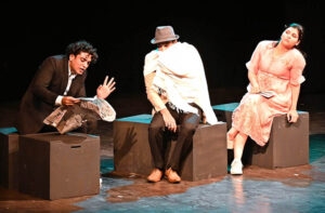 Artists performing features thrilling theater performance titled “The 39 Steps" directed and adapted by Mazhar Suleman Noorani during the World Culture Festival 2024 at Arts Council of Pakistan Karachi (ACP) on late Wednesday night.