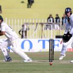 Pakistan player Noman Ali in action during the second day and last cricket Test match between Pakistan and England Pindi Cricket Stadium in twin cities