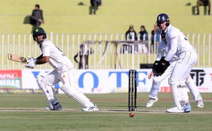 Pakistan player Noman Ali in action during the second day and last cricket Test match between Pakistan and England Pindi Cricket Stadium in twin cities
