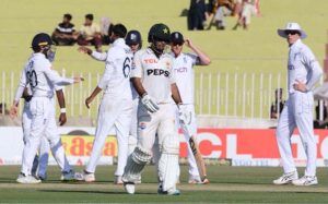 Pakistan player Noman Ali in action during the second day and last cricket Test match between Pakistan and England Pindi Cricket Stadium in twin cities