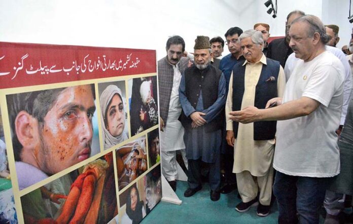 The former President and Prime Minister of Azad Jammu and Kashmir (AJK) Sardar Mohammed Yaqoob Khan with other participants viewing pictorial exhibition on the occasion of Kashmir Black Day at Arts Council of Pakistan