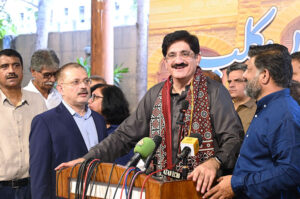 Sindh Chief Minister Syed Murad Ali Shah talking to media persons during his visit to Karachi Press Club.