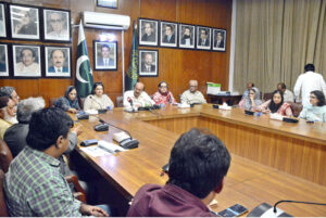 Chairperson Benazir Income Support Program Rubina Khalid and Chairman Public Accounts Committee Sindh Assembly Nisar Ahmed Khuhro jointly chairing a meeting of elected representatives at Sindh Assembly building.