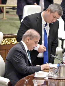 Prime Minister Muhammad Shehbaz Sharif signing the outcome documents at the conclusion of the 23rd Meeting of SCO Heads of Government at Jinnah Convention Centre.
