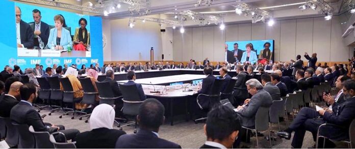 Federal Minister for Finance and Revenue Senator Muhammad Aurangzeb, accompanied by the Governor State Bank of Pakistan, attends the meeting of Managing Director IMF with Finance Ministers, Central Bank Governors, and Heads of Regional Financial Institutions of the Middle East, North Africa, Afghanistan, and Pakistan (MENAP)