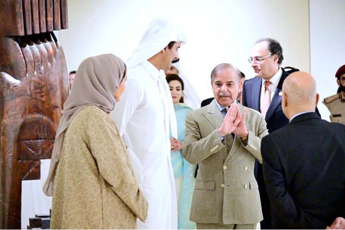 Prime Minister Muhammad Shehbaz Sharif, The Amir of Qatar, Shiekh Tamim Bin Hamad Al-Thani and his sister and Chairperson of Qatar Museums, Sheikha Al-Mayassa bint Hamad bin Khalifa al-Thani visit the gallery of Pakistani artworks titled 